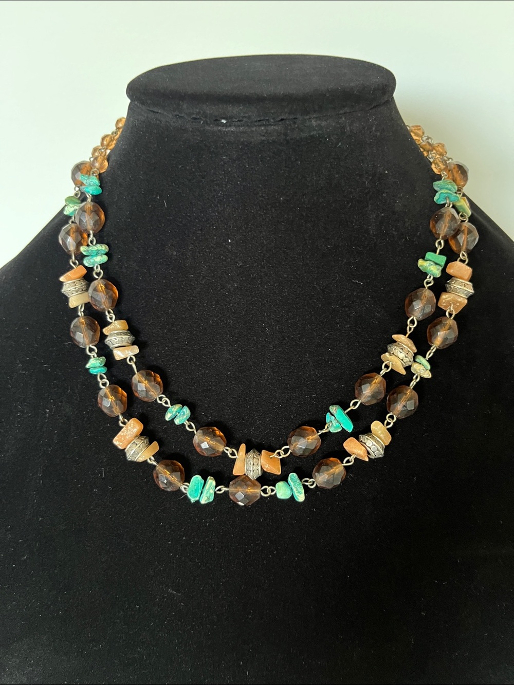 Turquoise & Amber Bead Double-Strand Necklace